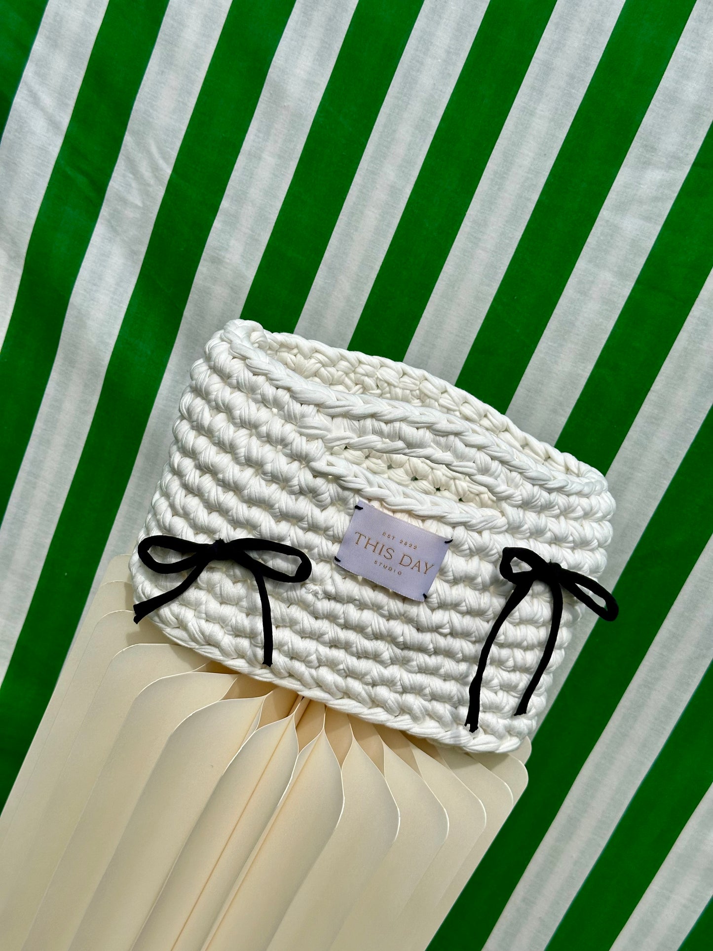 White Crochet Basket Bag with Bow Detail – Sustainable & Handmade