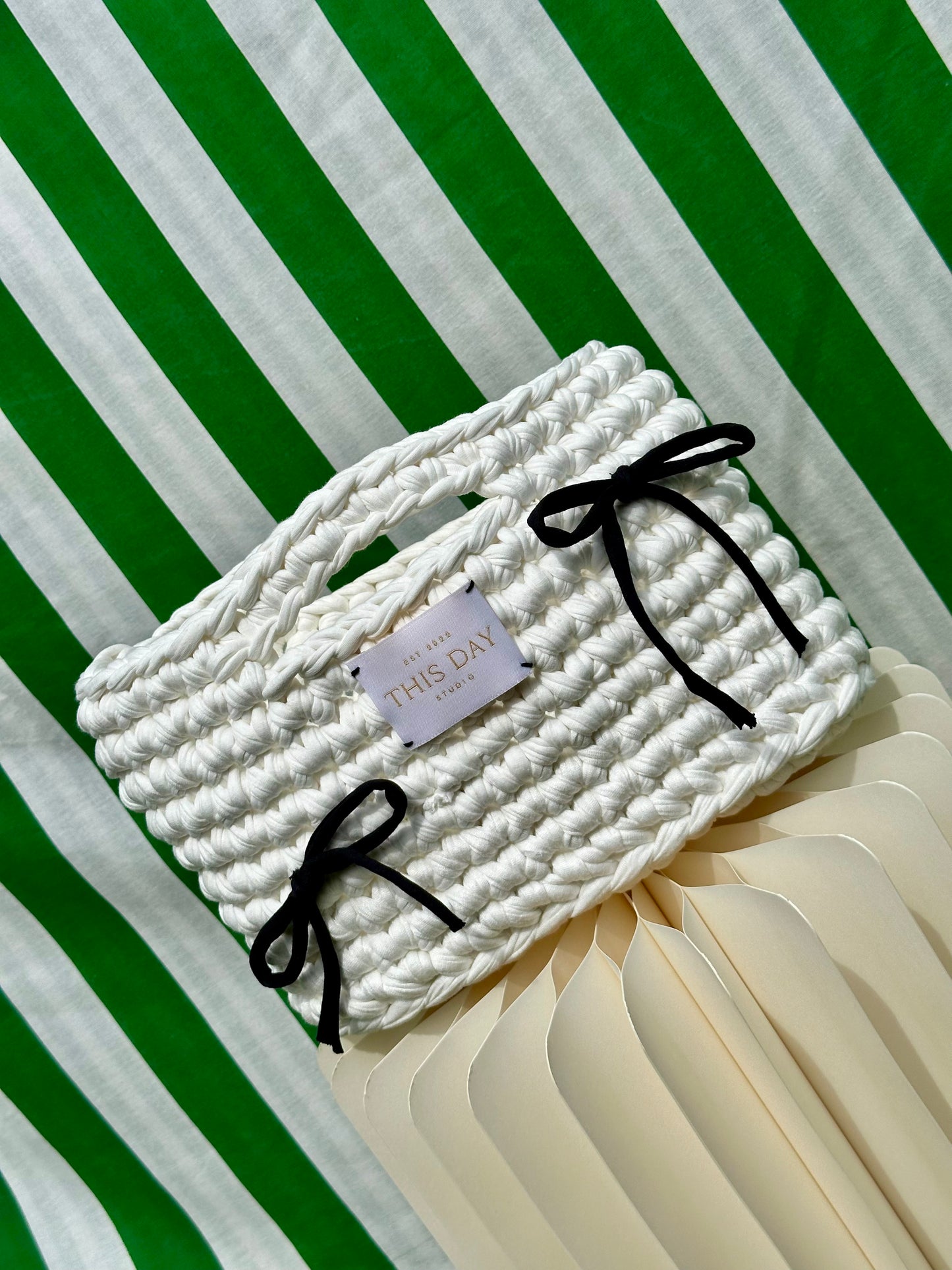 White Crochet Basket Bag with Bow Detail – Sustainable & Handmade