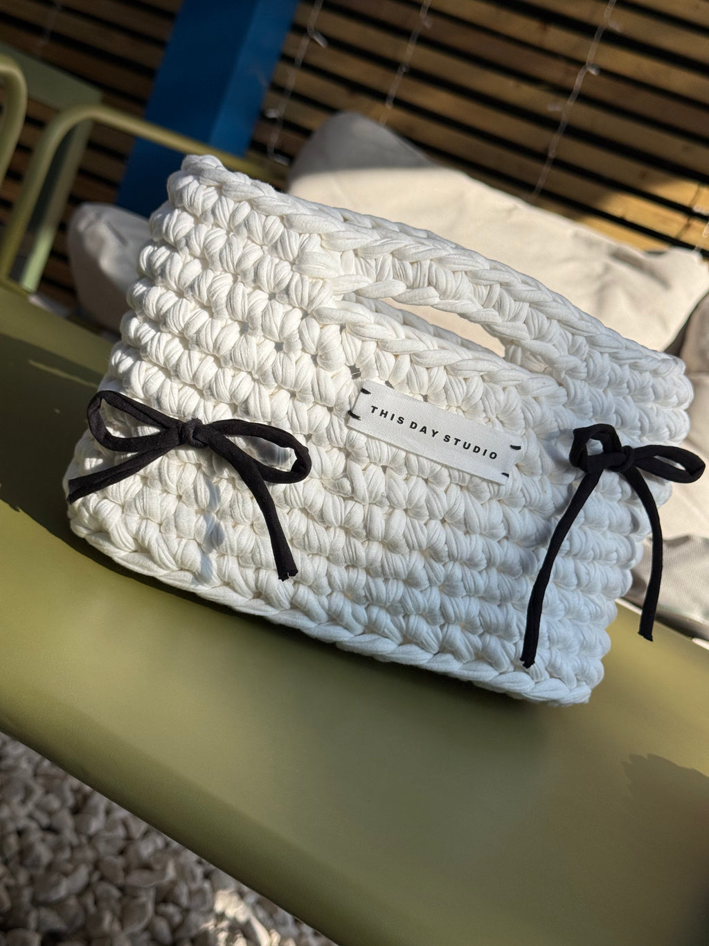 White Crochet Basket Bag with Bows
