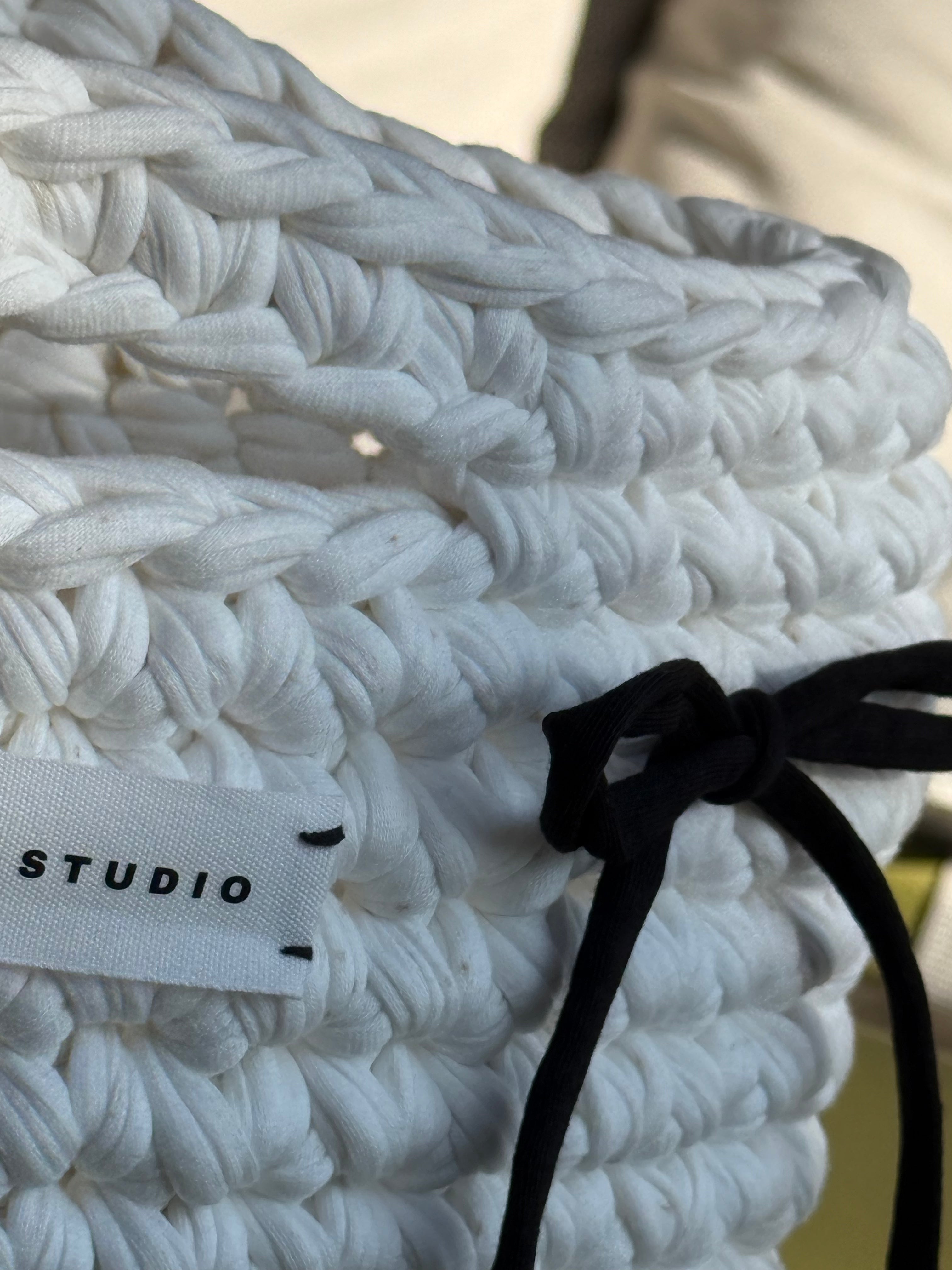 White Crochet Basket Bag with Bows