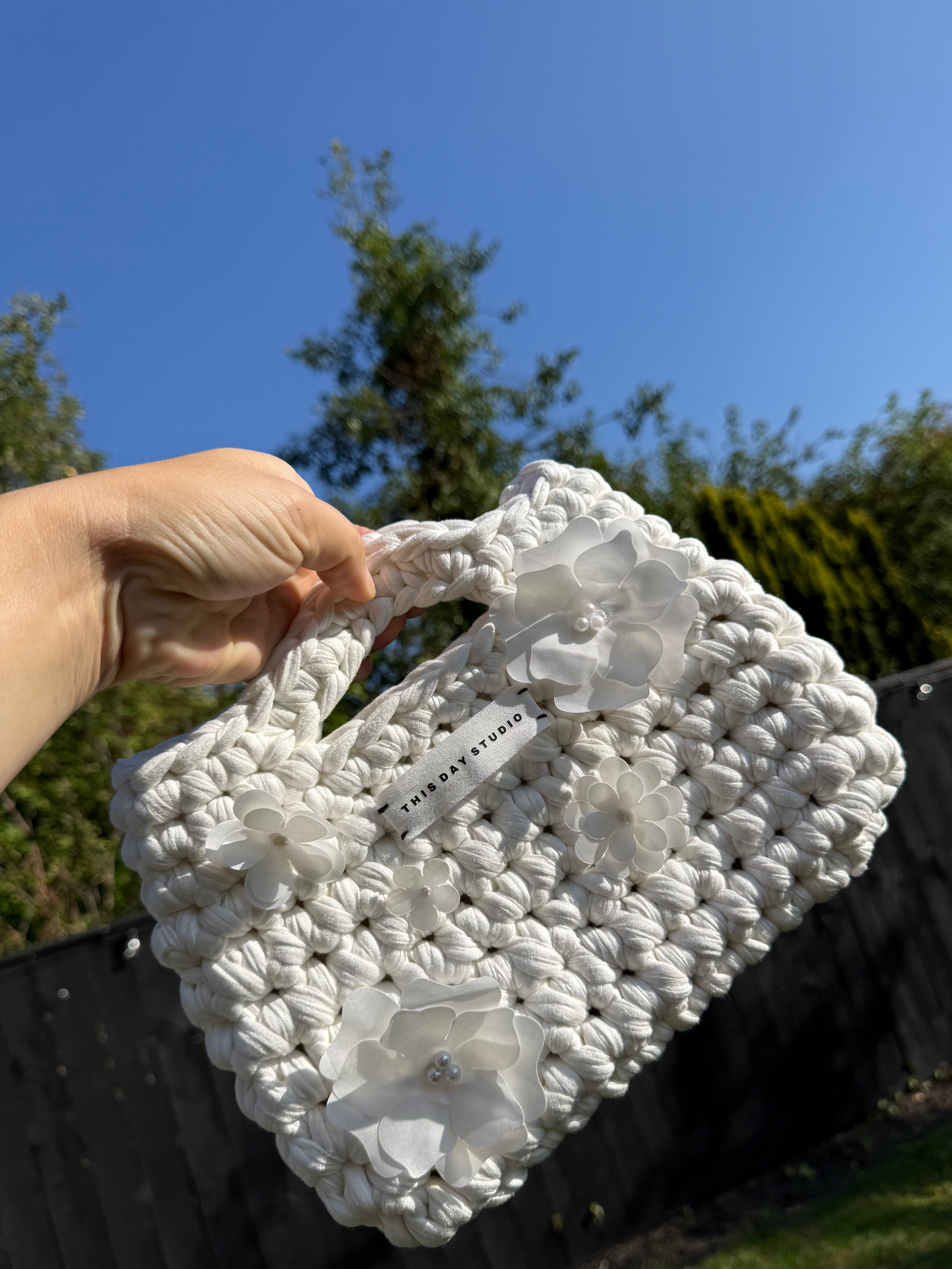 White Crochet Bag with Hand-Appliquéd Flowers