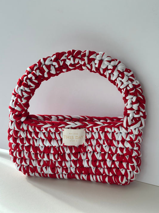 Handmade Crochet Shoulder Bag - Red Rouge & White | Limited Edition | Small Ethical Brand