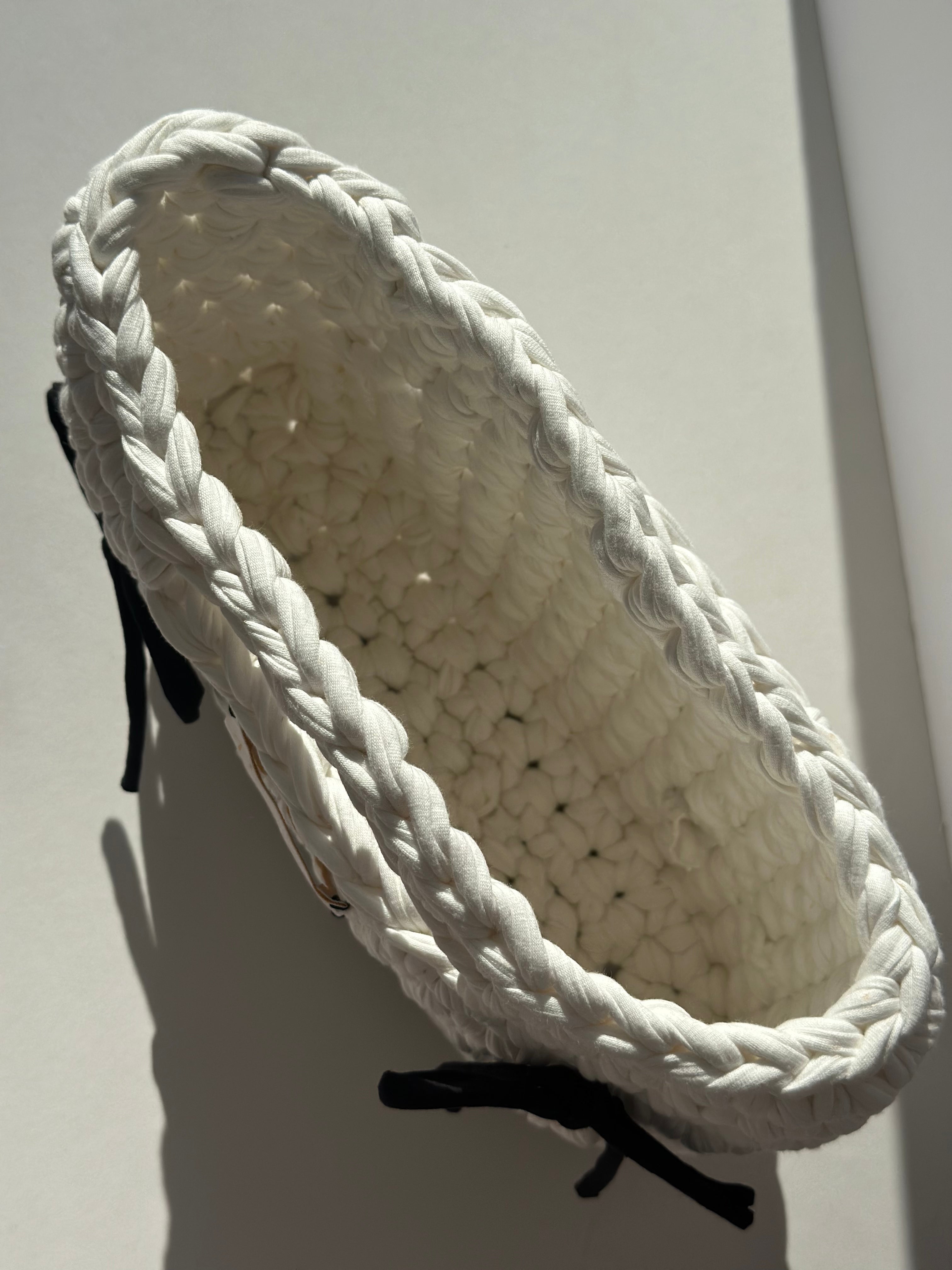 Handmade White Crochet Basket Bag with Bows