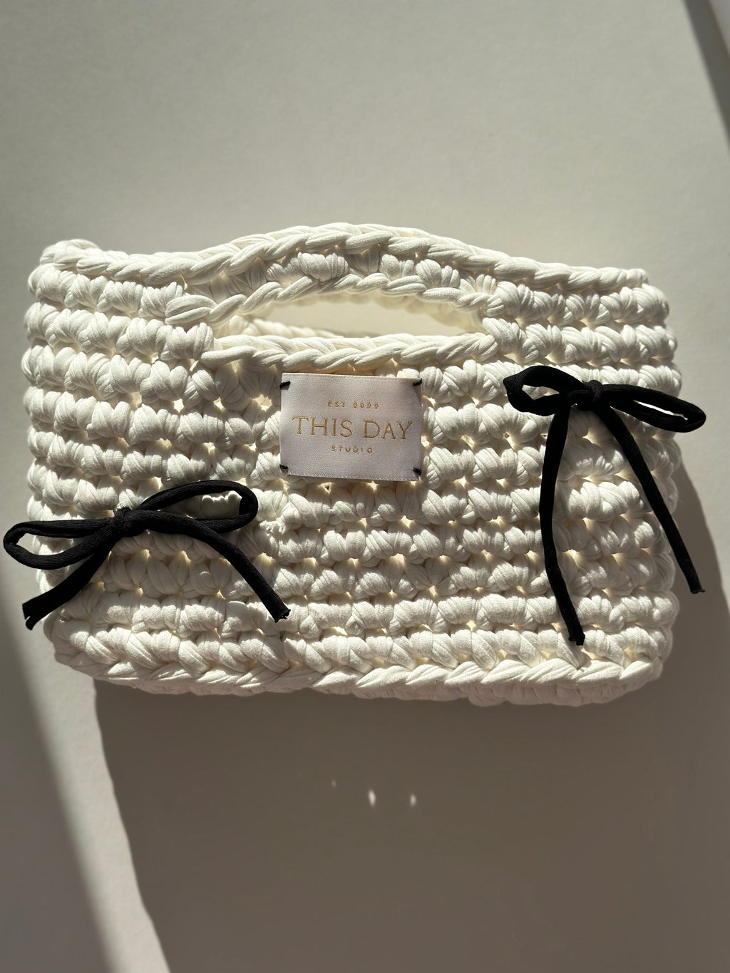 Handmade White Crochet Basket Bag with Bows