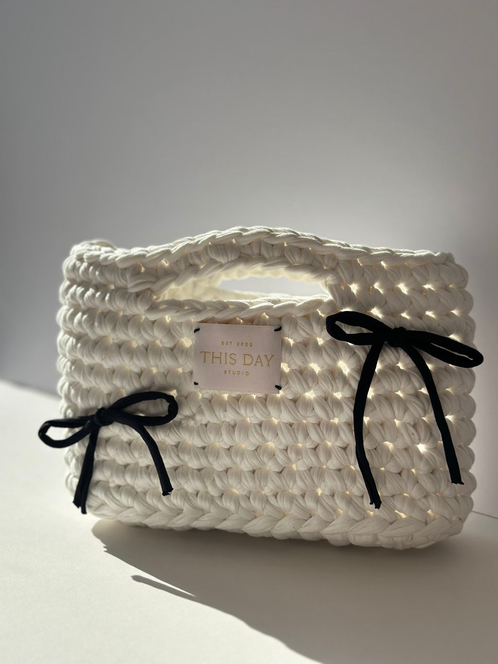 Handmade White Crochet Basket Bag with Bows