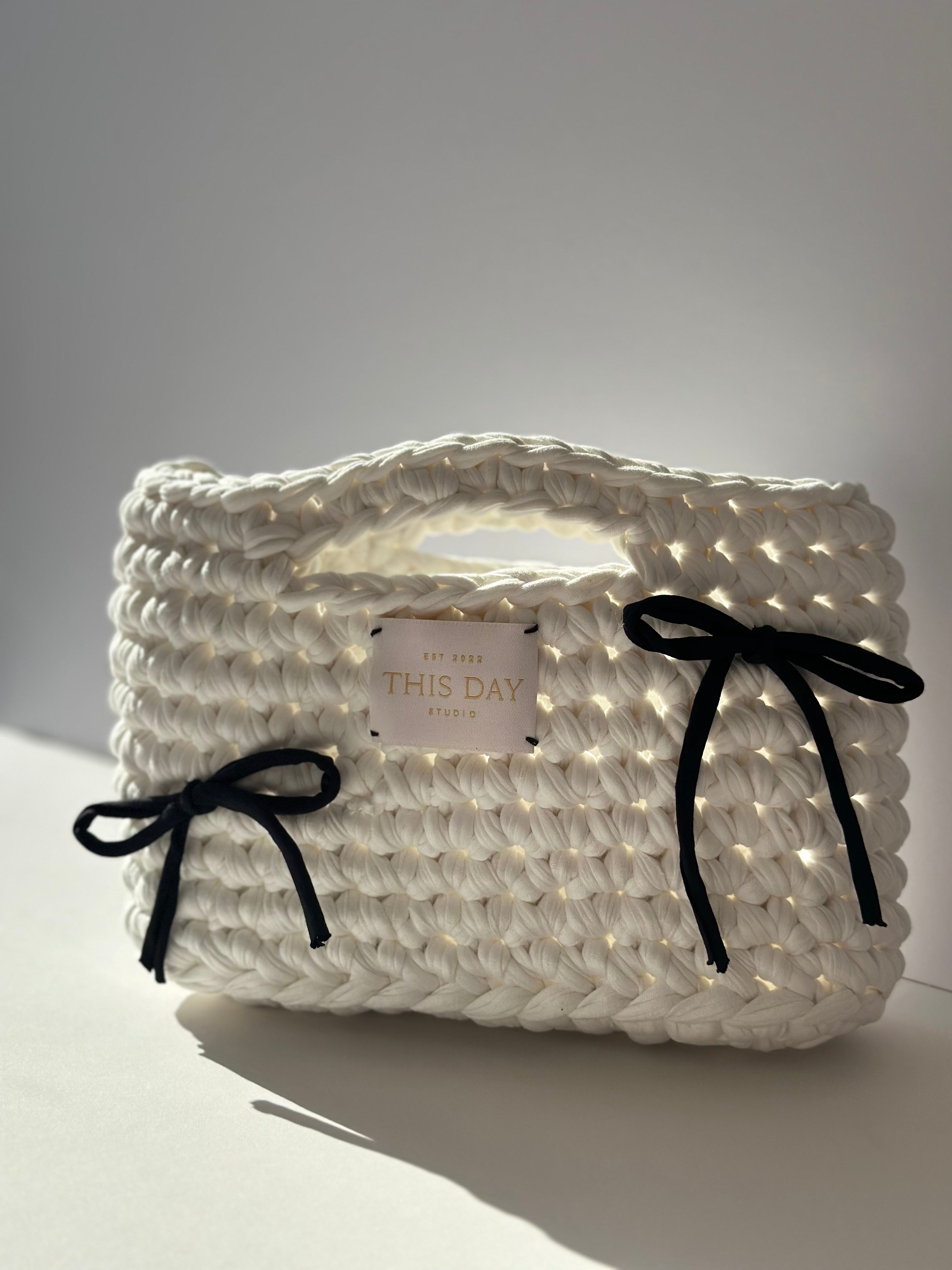 Handmade White Crochet Basket Bag with Bows