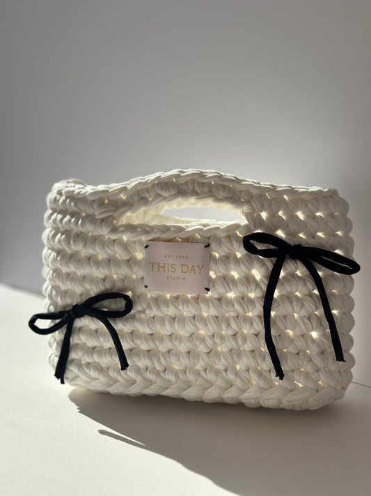 Handmade White Crochet Basket Bag with Bows - Bridal & Wedding | Limited Edition | Small Ethical Brand
