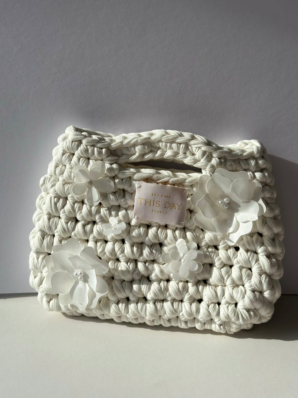 Handmade White Crochet Bag with Flowers