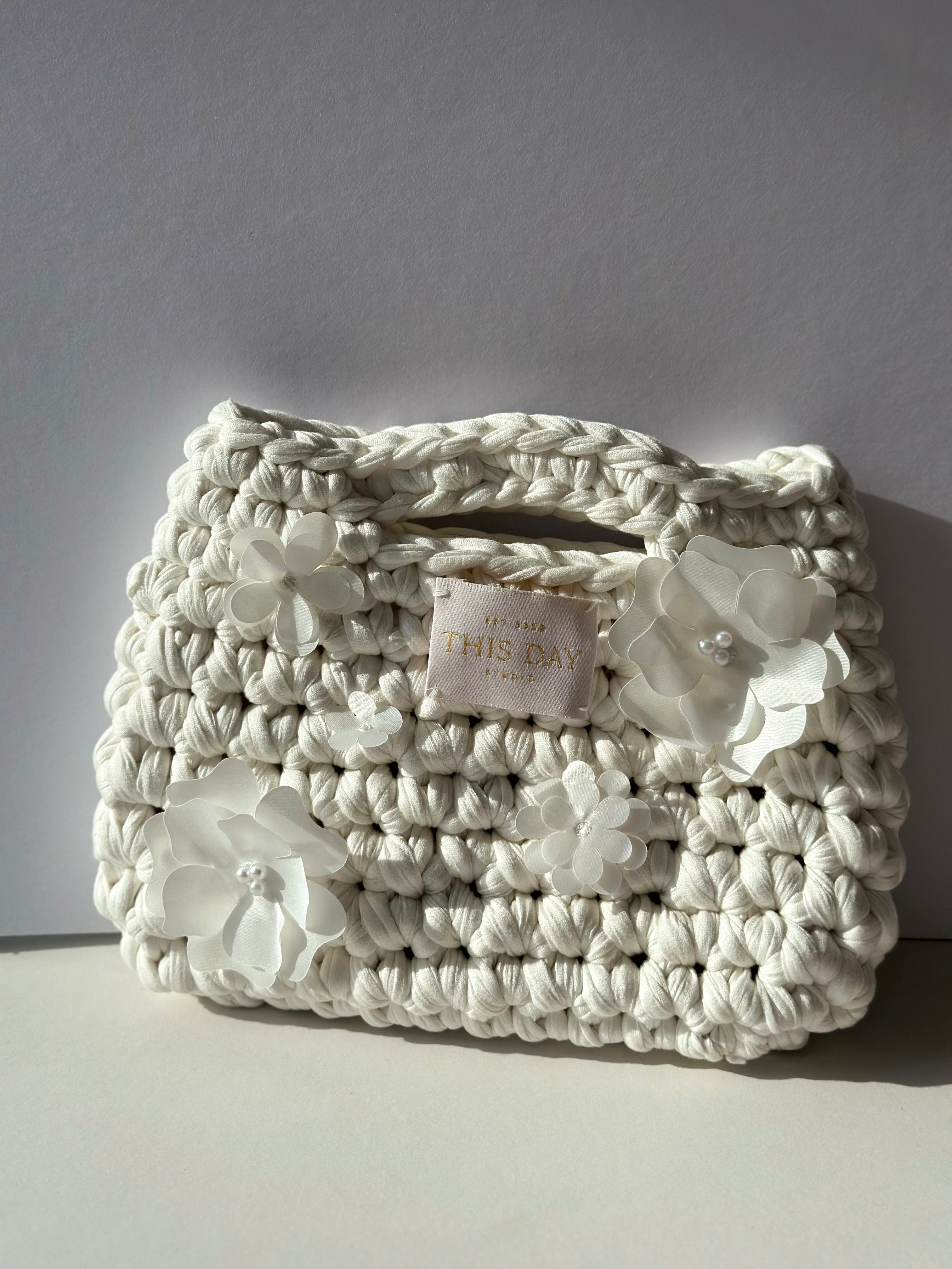 Handmade White Crochet Bag with Flowers