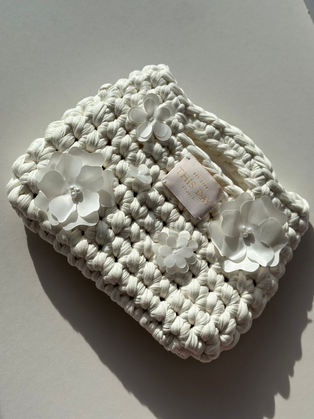 Handmade White Crochet Bag with Flowers