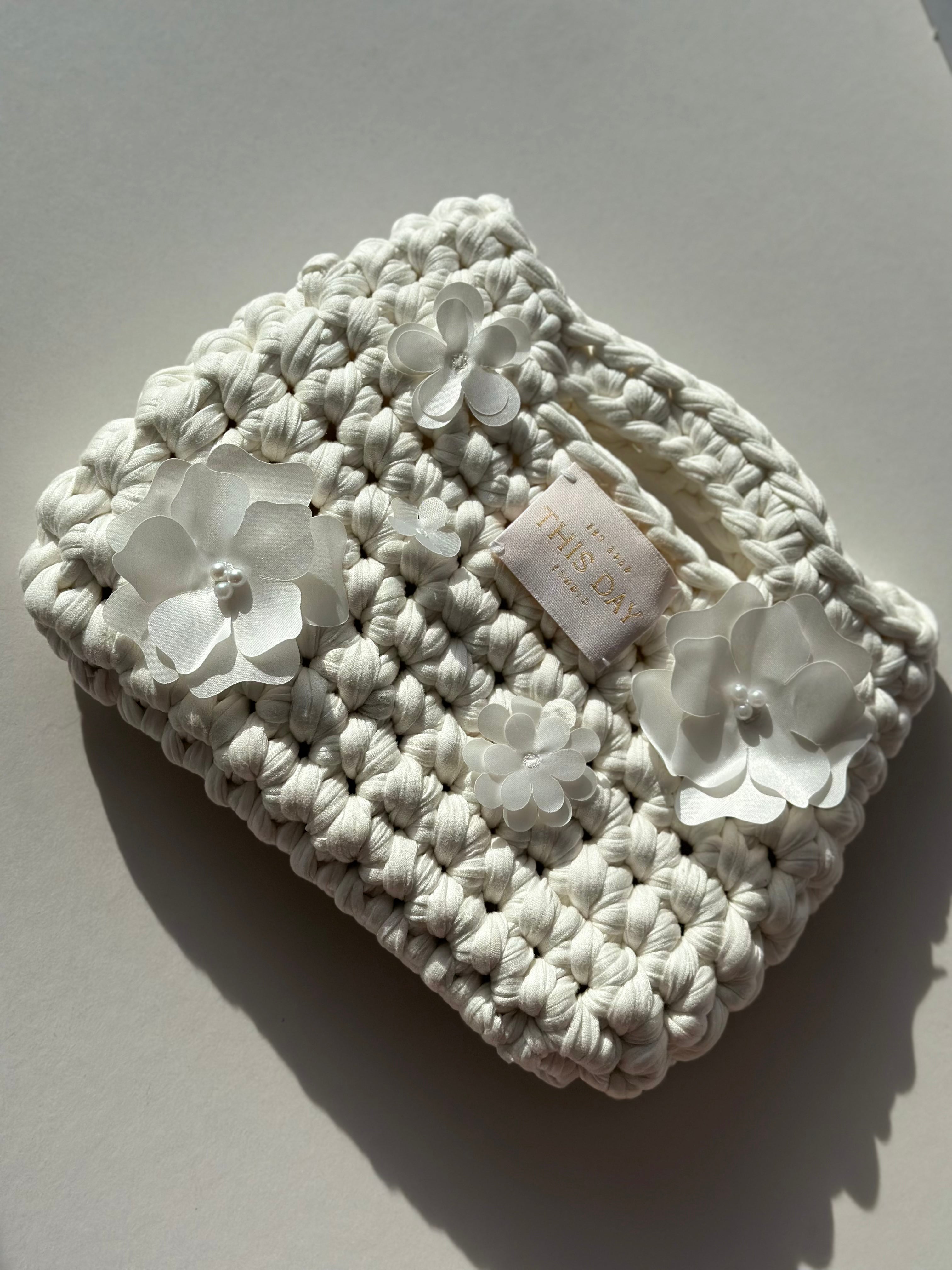 Handmade White Crochet Bag with Flowers