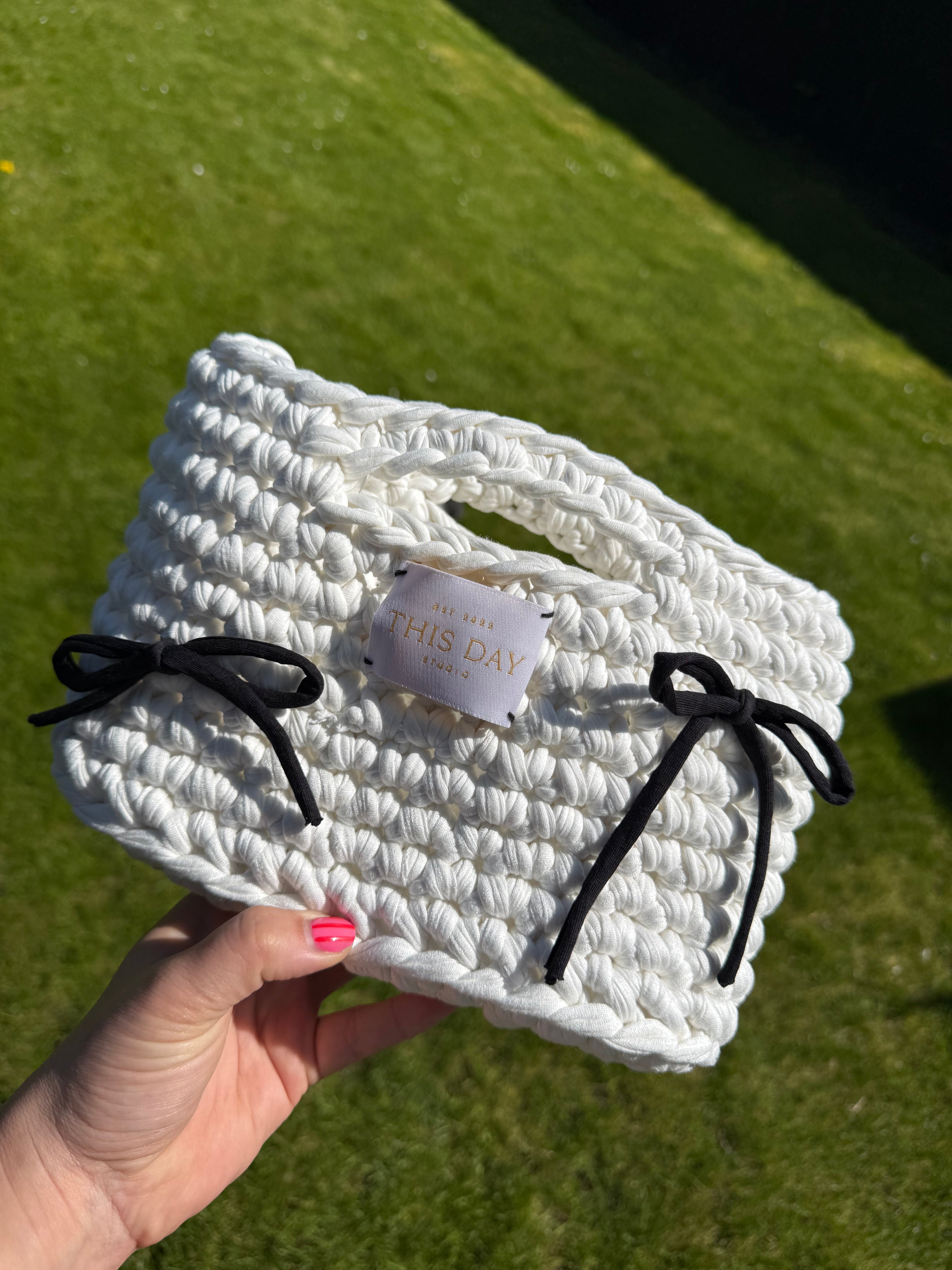 Handmade White Crochet Basket Bag with Bows